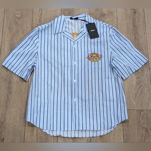 $790 Mens VERSACE "Dive In" Crest Striped Cotton Button Up Shirt 50 US Large